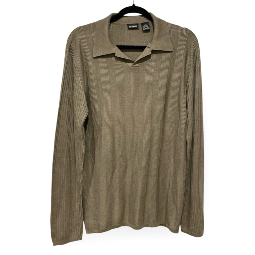 111 State Silk Cotton Polo Neck Long Sleeve Lightweight Sweater L Olive Green